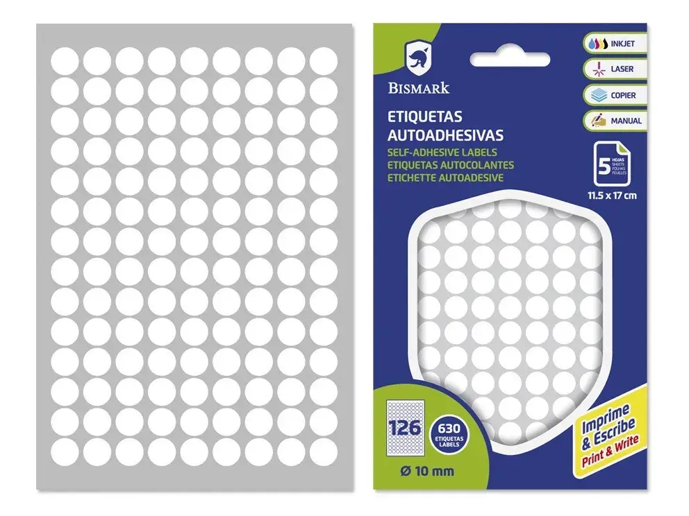 ETIQUETAS ADHESIVAS BLANCAS - REDONDAS - 5 hojas