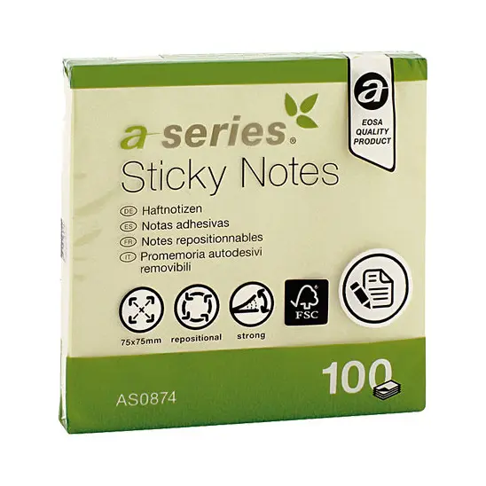 BLOC NOTAS ADHESIVAS 76X76 MM AMARILLAS 100 HOJAS - A SERIES -