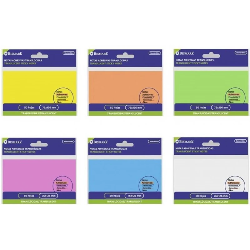 NOTAS ADHESIVAS TRANSLUCIDAS COLORES SURTIDOS 75X126 MM BISMARK