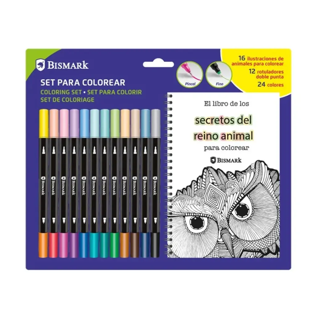  LIBRO MANDALAS ANIMALES + 12 ROTULADORES DOBLES - BISMARK