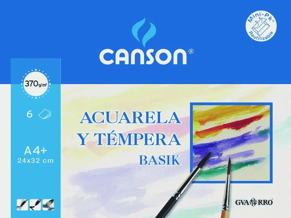 PAPEL DE ACUARELA Y TÉMPERA BASIK 6 HOJAS A4+ 370GRS - CANSON -