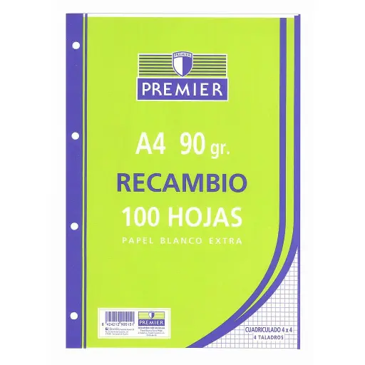 [C5103-A4-90] RECAMBIO PREMIER 100H A4 90GR 3X3MM 4 TALADROS PAPEL BLANCO EXTRA - ZORRILLA