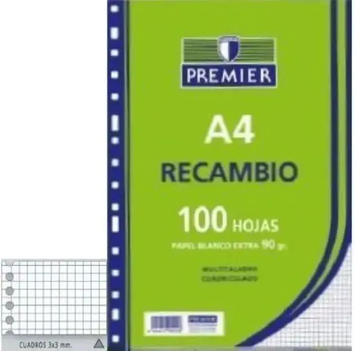 [T515-A4-90] RECAMBIO PREMIER 100H A4 90GR 4X4MM MULTITALADROS PAPEL BLANCO - ZORRILLA