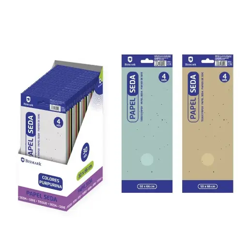 [330504] PAPEL SEDA LISO COLORES CON PURPURINA. BOLSA 4 HOJAS - BISMARK -